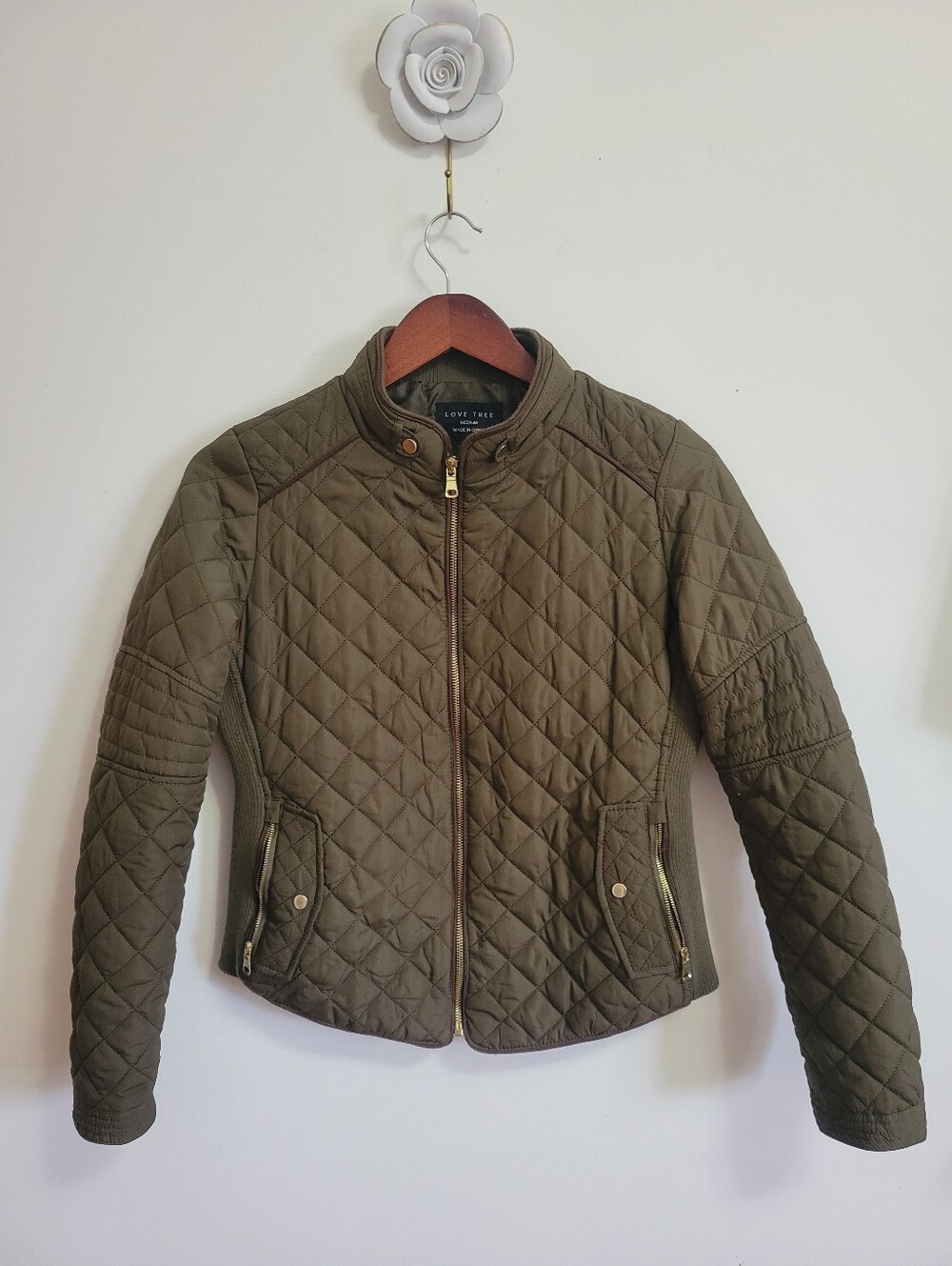 Love Tree Olive Green Quilted Utility Jacket With Gold Hardware